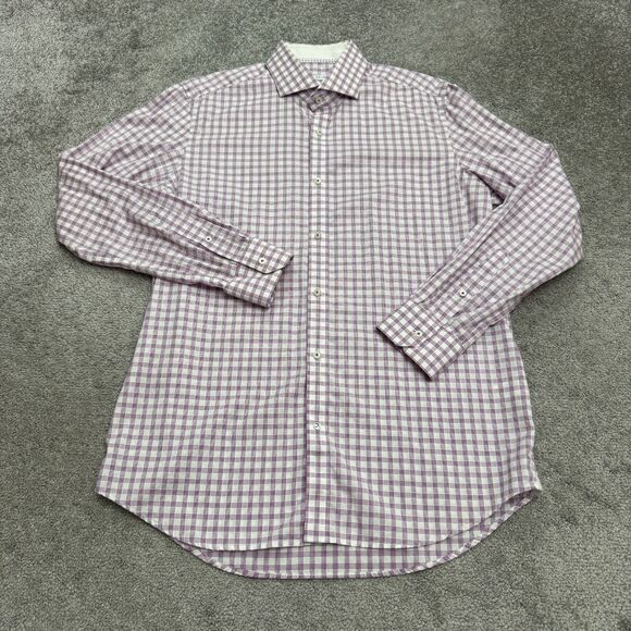 Robert Graham Button Down Shirt Men 16 Large Purple White Check Cotton Flip Cuff - Picture 1 of 16